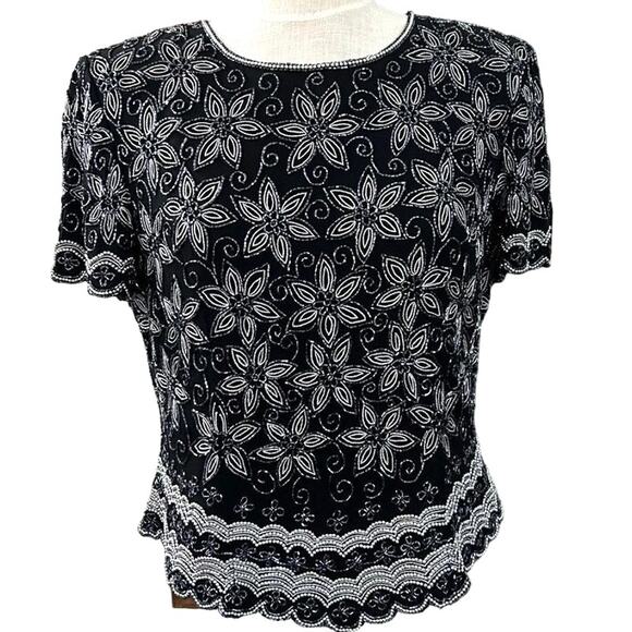 Adrianna Papell Silk Beaded Top L Black Evening Cocktail Scalloped Hem Formal - Picture 15 of 16
